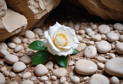 White rose placed among smooth pebbles in natural setting
