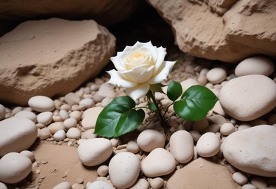 White rose growing among pebbles in a rocky setting