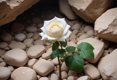 White rose blooming among stones in a serene setting