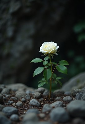 White rose blooms among pebbles in serene environment