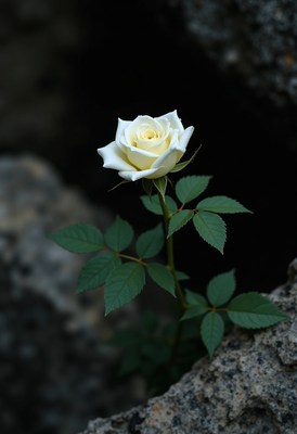 White rose blooming amidst rocky terrain in daylight