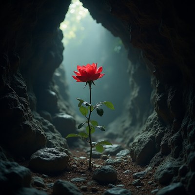Red flower stands alone in a rocky cave with sunlight