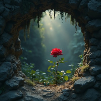 Bright red rose blossoms in a stone niche