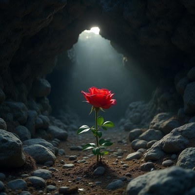 Bright red rose blooms in a rocky cave setting