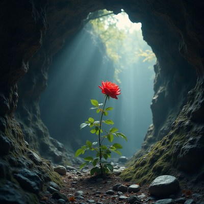 Unique red rose blooms in a cave with soft light