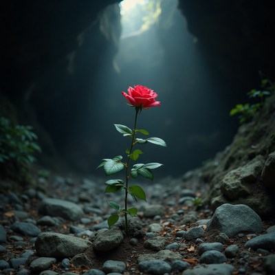 Red rose blooms in a rocky cave at dawn
