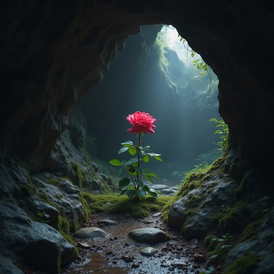 Beautiful rose blooms in cave surrounded by natural light