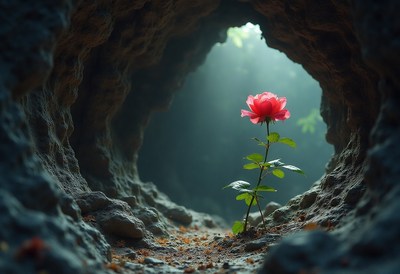 Beautiful rose blooms in rocky cave with soft light