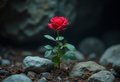 Red rose growing among stones in a quiet setting