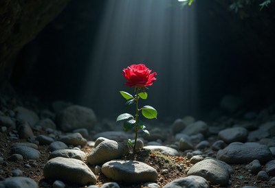 Red rose blooms in rocky cave illuminated by sunlight