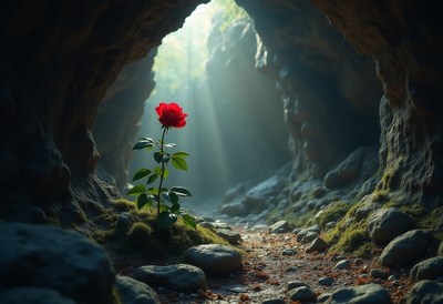 Bright red rose blooms in a secluded cave setting