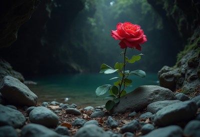 Red rose blooms beside tranquil water in a secluded cave