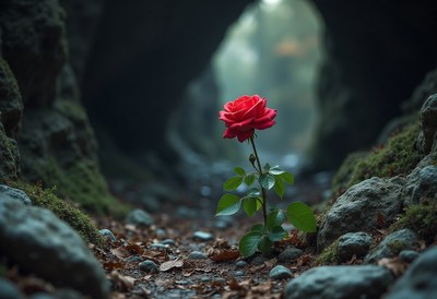 Beautiful red rose blooming in a serene cave setting