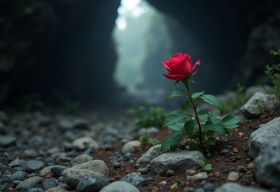 Red rose growing in a rocky cave environment