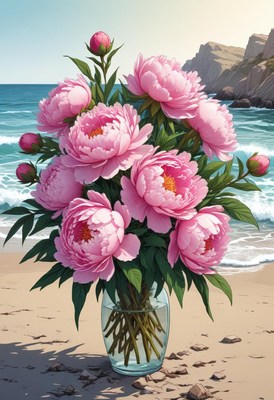 Pink peonies in a vase at the beach shore