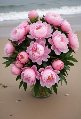 Pink peony bouquet displayed on sandy beach shore