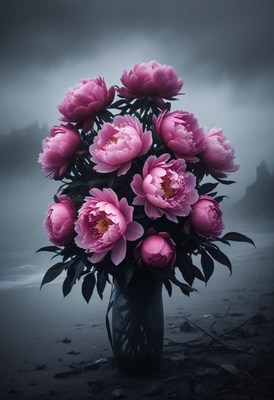 Beautiful peony bouquet against a misty backdrop