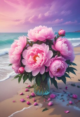 Stunning peony bouquet on the beach at sunset