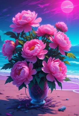 Vibrant pink peonies beside ocean at sunset