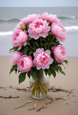Bouquet of pink peonies at the beach on a cloudy day