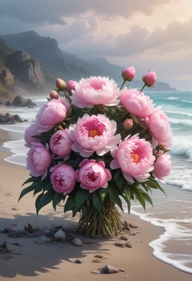 Flowers bloom by the shore under a cloudy sky