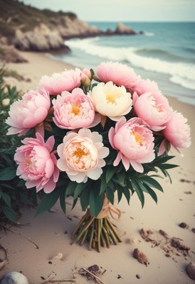 Beautiful peony bouquet on sandy beach near ocean