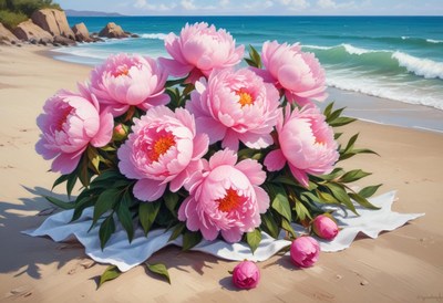 Colorful peonies on a beach with waves in the background