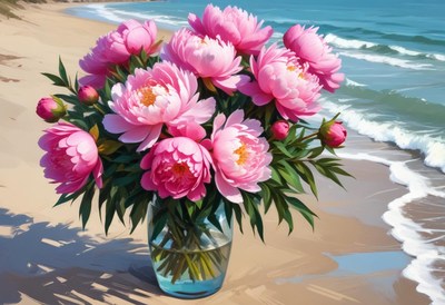 Pink peonies in a vase by the beach