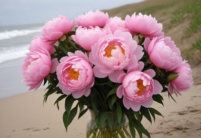 Beautiful peonies arranged by the beach at sunset