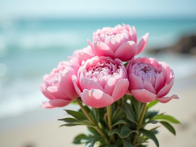 Beautiful pink peonies by the beach on a sunny day