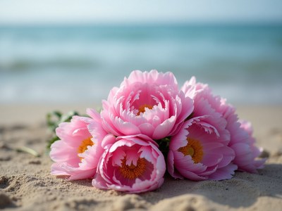 Fresh pink flowers resting on sandy beach near ocean