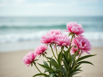Pink flowers near the shoreline on a sunny day