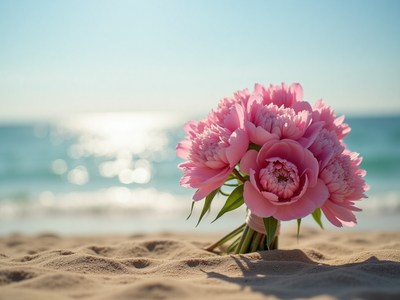 Flowers placed on sandy beach with ocean view at sunset