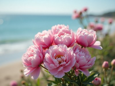Pink peonies blooming by the serene coastline