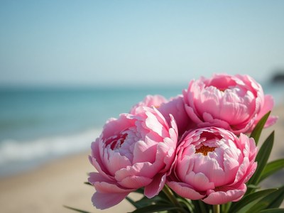 Pink peonies bloom by the ocean shore during afternoon