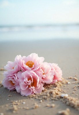 Beautiful flowers resting on sandy beach shore