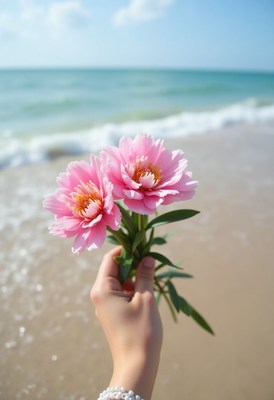 Hand holding pink flowers by the beach in bright sunlight