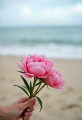Holding pink flowers at the beach during a cloudy day