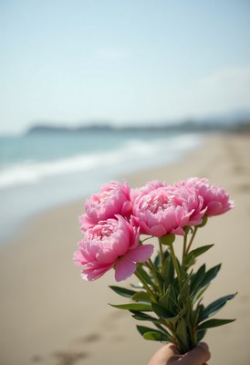 Bouquet of pink peonies on the beach shore