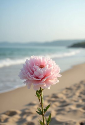 Pink flower stands on sandy beach beside ocean