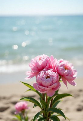 Pink peonies blooming by the serene beach