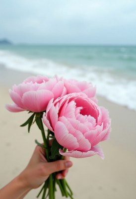 Pink peonies held by hand near the beach