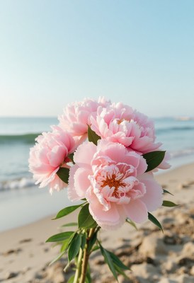 Beautiful pink flowers near the ocean at sunrise