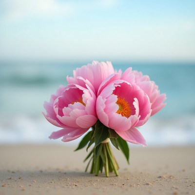 Peonies arranged on sandy beach with ocean background