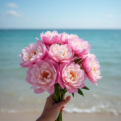 Beautiful bouquet of pink flowers by the beach