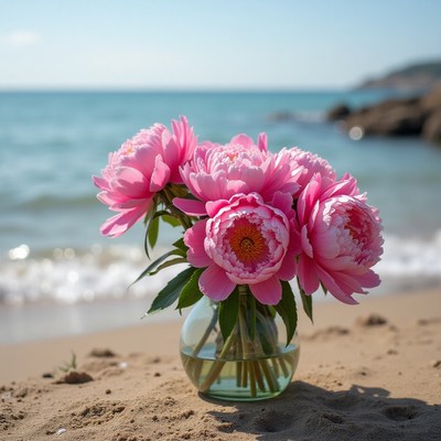 Beautiful peony bouquet on sandy beach near ocean