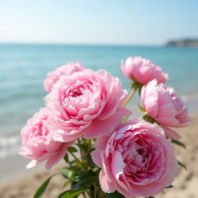 Pink roses blooming by the serene beach shoreline