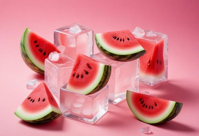 Watermelon slices on ice with a pink background