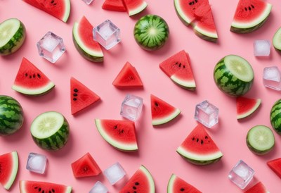 Watermelon slices and ice cubes on pink background