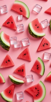 Watermelon slices and ice on pink background